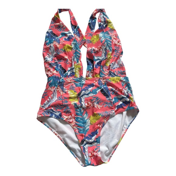 One piece halter swim suit plunging front open back high cut leg high waist sz L - Picture 1 of 9